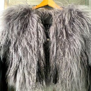 UGG WOMEN SEKANI MONGOLIAN SHEARLING FUR LEATHER JACKET COAT GRAPHITE Size XS